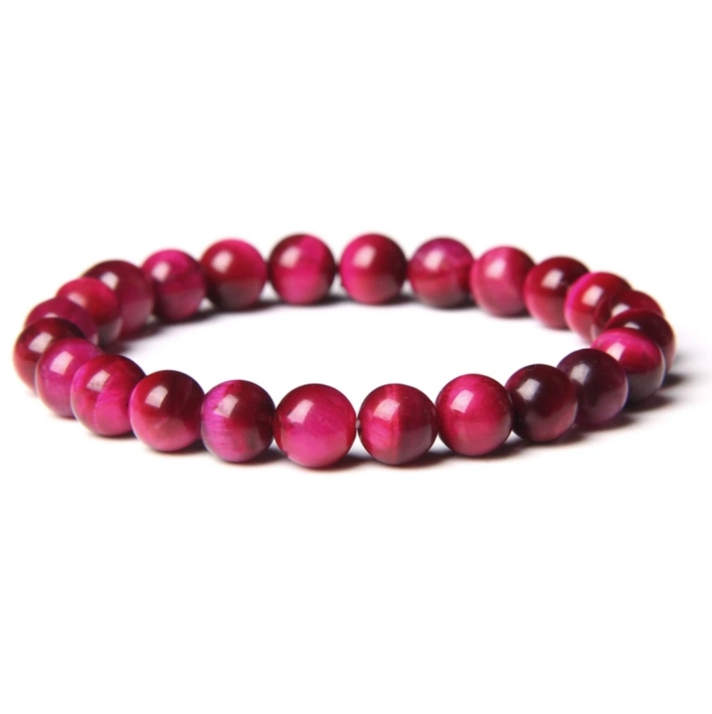 Real Natural Tiger Eye Stone Bracelet 8mm Round, Magenta color